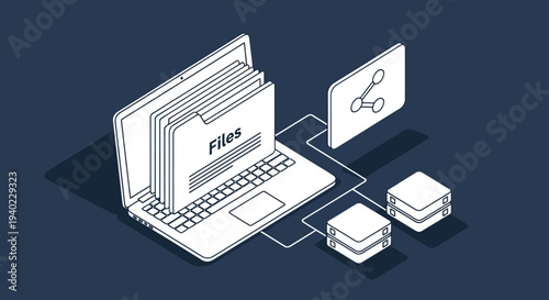 Isometric Laptop with Files and Data Sharing Concept.