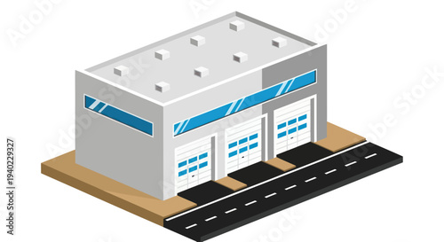 Isometric Industrial Warehouse Building with Loading Docks and Road.