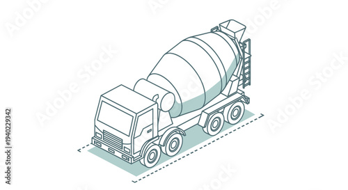 Isometric Line Art Illustration of a Cement Mixer Truck.