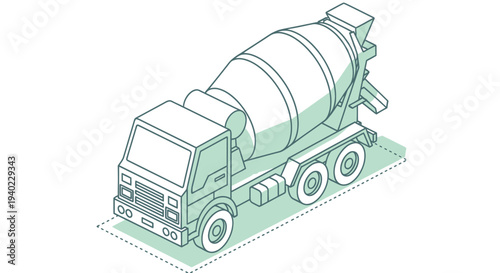 Isometric Line Art Illustration of a Concrete Mixer Truck.