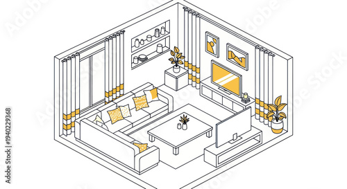 Isometric Line Art Illustration of a Cozy Living Room Interior Design.
