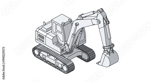 Isometric Line Drawing of a Heavy Construction Excavator Machine.