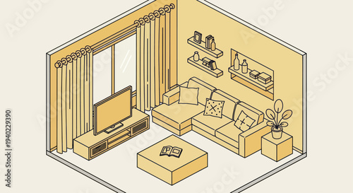 Isometric Living Room Interior Design with Sofa and TV.