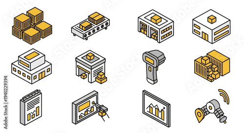 Isometric Logistics and Warehouse Management Icons Set.