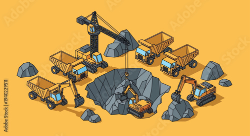 Isometric Mining Operation with Heavy Machinery and Excavation Site.