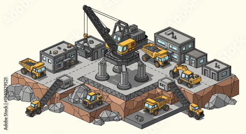 Isometric mining site with heavy machinery and industrial buildings.