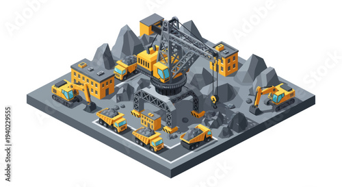 Isometric Mining Site with Heavy Machinery and Industrial Equipment.