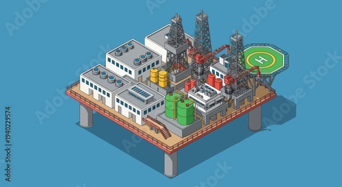Isometric offshore oil rig platform for energy extraction.