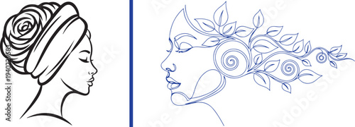 Two elegant feminine logos featuring a woman with a rose bun and a profile with vine-like hair. Minimalist green and black vector art ideal for hair salons, florist shops, and organic beauty brands.