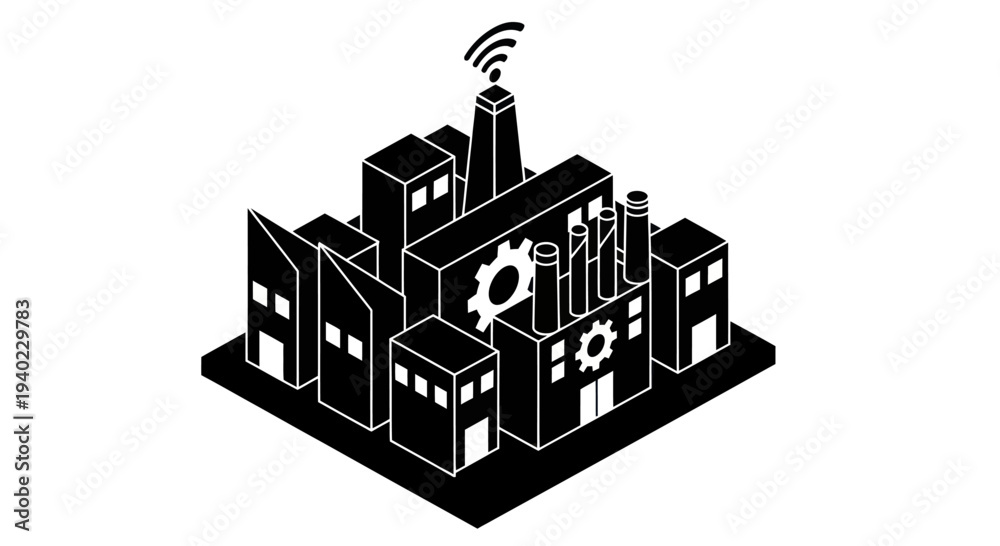 Fototapeta premium Isometric Smart Factory with Wireless Connectivity and Gear Motifs.
