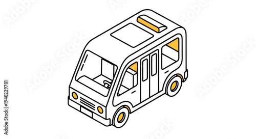 Isometric Outline Drawing of a Modern Autonomous Shuttle Bus.