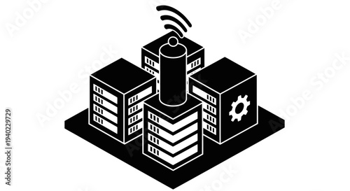 Isometric Server Racks with Wireless Communication Icon.