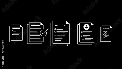 A set of five white outline depicting various documents such as invoices and personal profiles arranged in a horizontal line on a solid black background