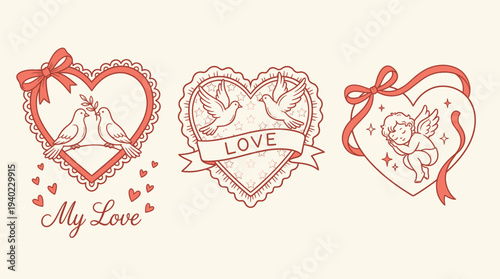 Valentine's Day themed heart shaped illustrations with love symbols and red line art on a cream background, featuring birds, bows, and romantic phrases in a classic style.