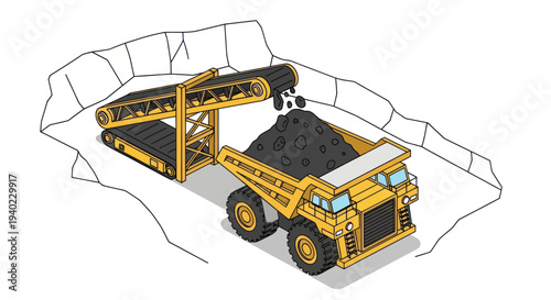 Isometric view of a large mining dump truck being loaded with coal by a conveyor belt system.