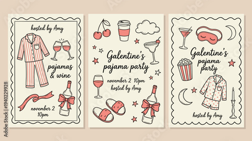 Galentine's Day party invitation cards with wine, pajamas, and gifts, celebrating female friendship and fun, festive holiday celebration with friends, night in, sleepover, and gift exchange ideas.