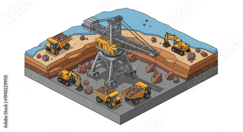 Isometric view of a large-scale mining operation with heavy machinery.