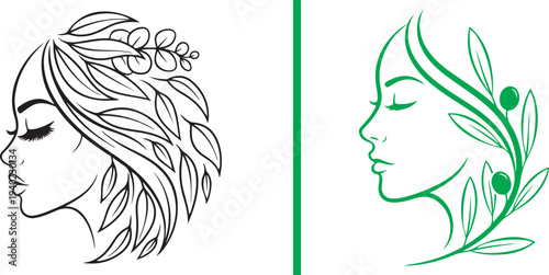 A pair of elegant vector logos featuring woman profiles integrated with flowing botanical branches and leaves. Minimalist line art designs in black and green for organic beauty and wellness brands.