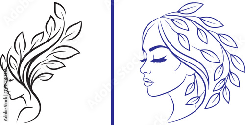 A pair of elegant vector logos featuring woman profiles integrated with flowing botanical branches. Minimalist blue line art designs perfect for natural skincare, wellness, and beauty branding.