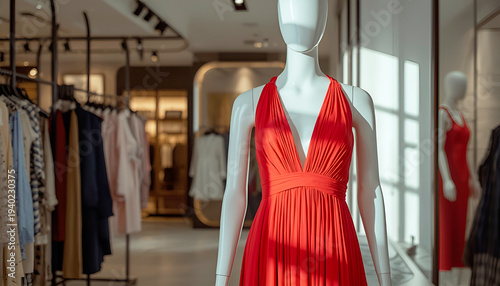 A red silk dress on a mannequin in a fashion store's showroom. Women's clothing.