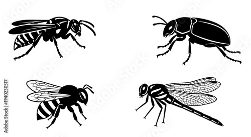 Insect Silhouettes Collection: Wasp, Beetle, Bee, and Dragonfly Illustrations