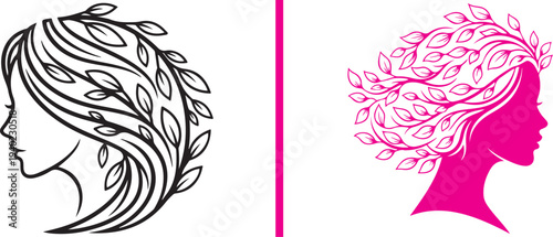 A comprehensive set of feminine vector logos featuring woman profiles integrated with diverse botanical leaves and wreaths. Elegant minimalist designs in various colors for beauty and wellness.