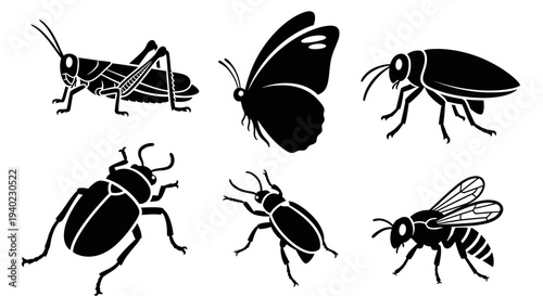 Insect Silhouettes Collection: Various Bugs, Beetles, Butterfly, Grasshopper, and Bee Icons