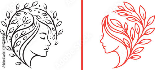 An extensive collection of elegant vector logos featuring women's profiles intertwined with botanical leaves and floral wreaths. Minimalist line art and colorful silhouettes for beauty and spa.
