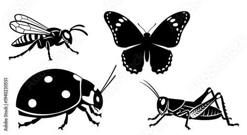 Insect Silhouettes Set: Wasp, Butterfly, Ladybug, and Grasshopper Vector Collection