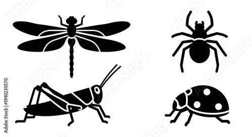 Insect Silhouettes Vector Set: Dragonfly, Spider, Grasshopper, and Ladybug Icons