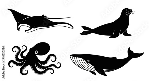 Marine Animal Silhouettes: Manta Ray, Seal, Octopus, and Whale Vector Collection