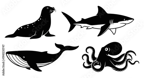 Marine animal silhouettes set: seal, shark, whale, octopus. Ocean wildlife collection