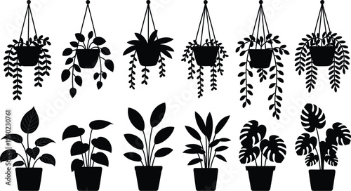 Collection of black silhouette indoor hanging and potted house plants vector illustration for home interior decoration and botanical garden design.