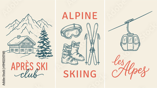 Skiing and winter sports themed illustrations with alpine elements, featuring a ski club, skiing gear, and a mountain resort, evoking a sense of adventure and fun in the snow.