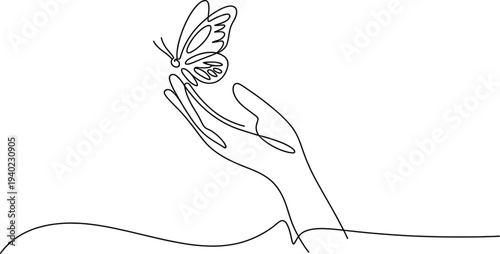 One line drawing of a butterfly landing on a human hand representing freedom nature beauty and gentle connection.
