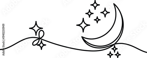 Elegant black line art of moon and twinkling stars on wavy path for modern religious greeting cards and spiritual branding.