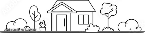 Line drawing of a small suburban house with garden trees and bushes representing sweet home and residential living.