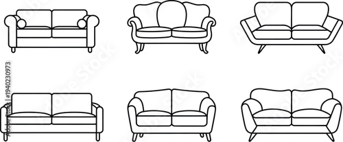 Collection of various sofa and couch vector icons in thin line style featuring modern vintage and classic furniture design elements.