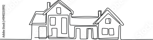 Single line art illustration of a modern residential home exterior featuring a chimney and windows in a clean style.