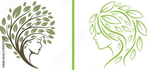 Large collection of elegant vector logos featuring women's profiles with botanical hair and laurel wreaths. Minimalist line art and colorful silhouettes for beauty, spa, and wellness themes.