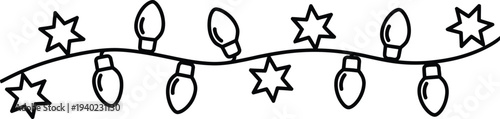 Festive black and white Christmas light garland vector featuring hand drawn stars and bulb illustrations for holiday party decorations and cards.