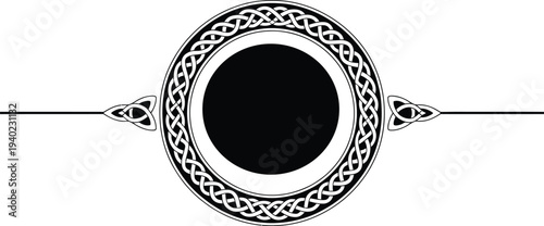 Round knotwork emblem featuring traditional Irish patterns and symmetrical flourishes for ornamental vintage decoration in a clean black vector style.