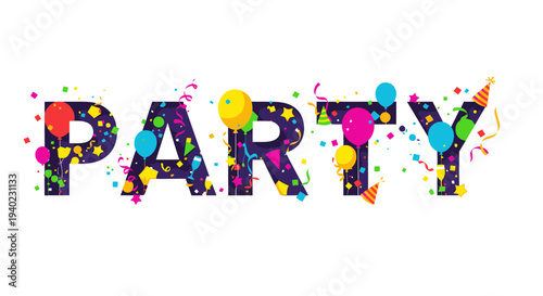 Celebratory colorful party scene with balloons and confetti surrounding the festive letters viewed from a straightforward perspective in a lively environment