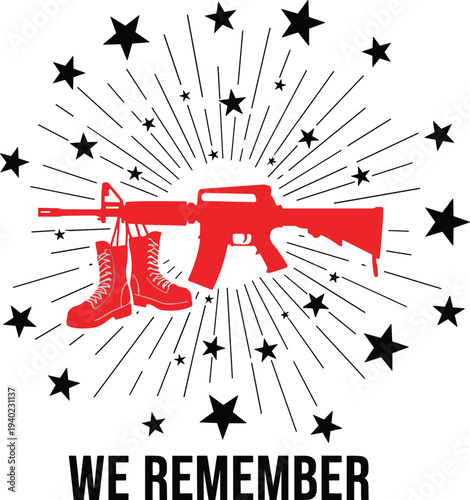 Memorial tribute illustration with rifle and boots, military remembrance vector artwork, fallen soldier symbol design, patriotic honor silhouette, war remembrance concept graphic