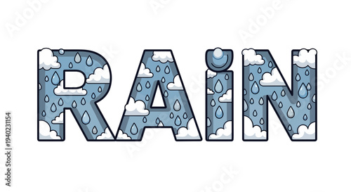 Illustration of the word rain with clouds and raindrops in a creative typography style on a clean background from a straightforward viewpoint
