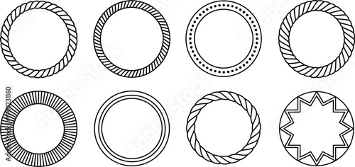 Set of circular geometric borders with rope textures and sunburst patterns for decorative labels and vintage round frame vector designs.