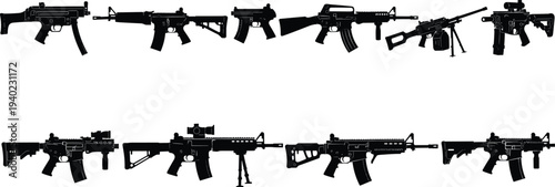 Silhouette collection of modern assault rifles, military firearm vector illustration, weapon shapes comparison, tactical gun designs, black rifle outlines, defense concept artwork