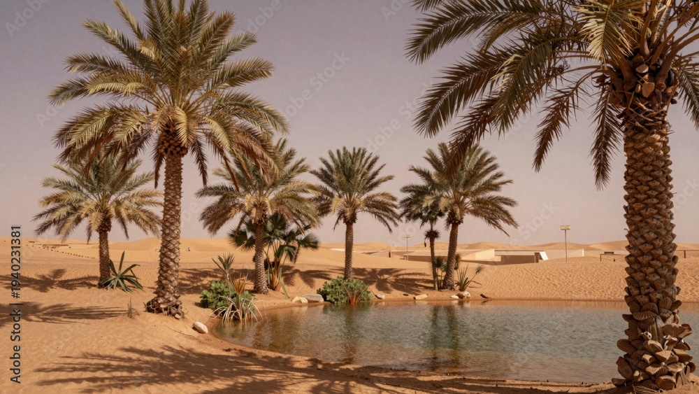 Fototapeta premium High-resolution desert landscape clear serene pond foreground surrounded sand dunes background there several tall slender palm tre