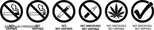Vector set of no smoking and no vaping prohibition signs featuring cigarettes electronic pens cannabis leaves and check mark icons