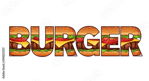 A vibrant burger text overlay with layered ingredients and colorful fillings displayed prominently in a stylized font on a clean background viewed straight on
